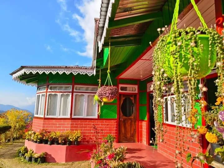 Lungsu Kanchan View Homestay - Veranda with Colorful Hanging Flower Pots